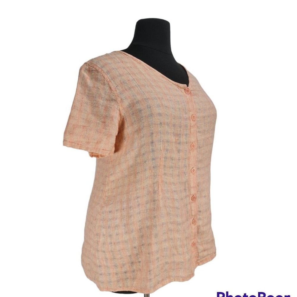 Flax Light Orange Linen Button Up Basic Blouse Wo… - image 2